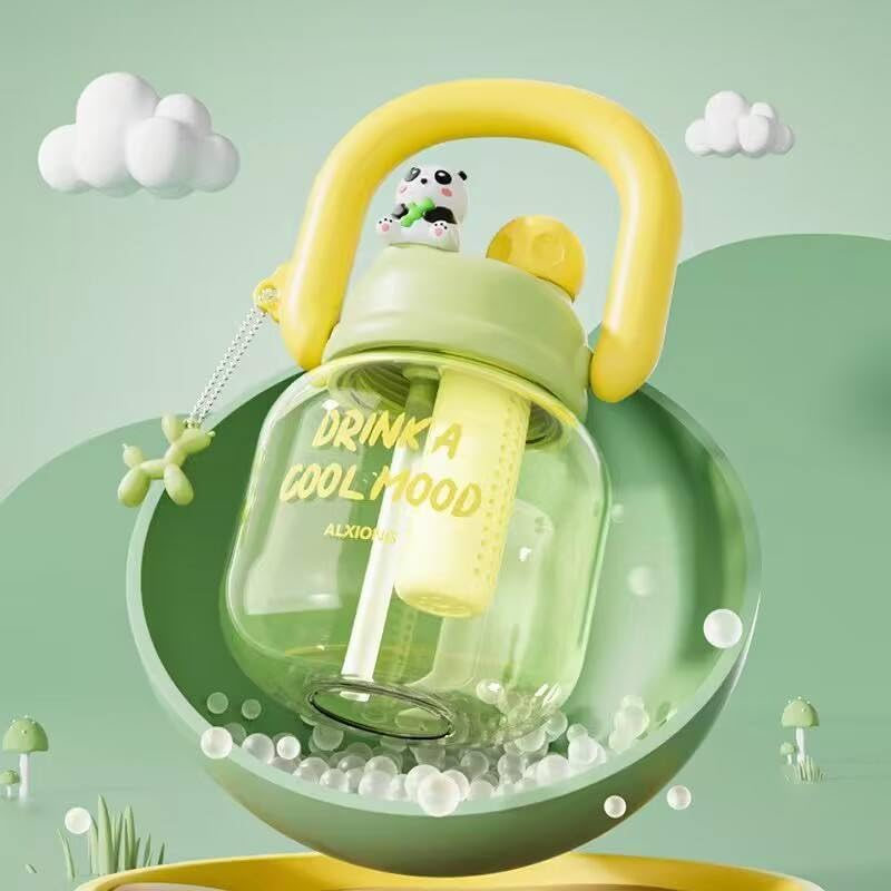 Cute Big Water Bottle | Panda & Heart Shaped Cap with Straw & Direct Drinking Mouth