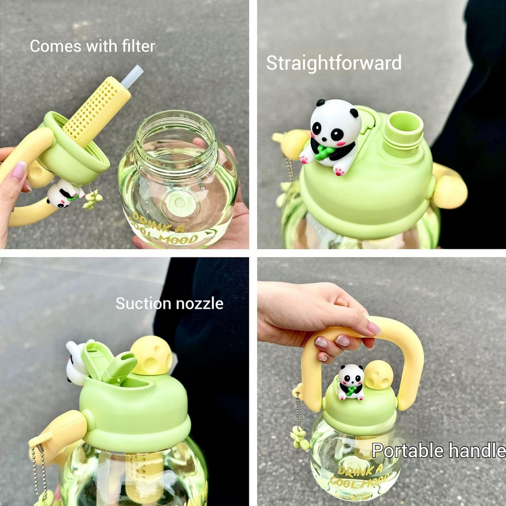 Cute Big Water Bottle | Panda & Heart Shaped Cap with Straw & Direct Drinking Mouth