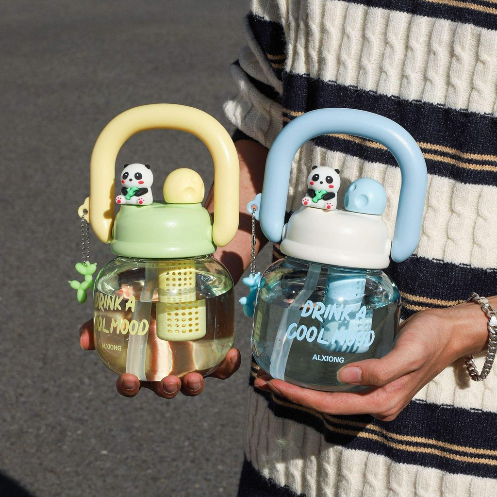 Cute Big Water Bottle | Panda & Heart Shaped Cap with Straw & Direct Drinking Mouth